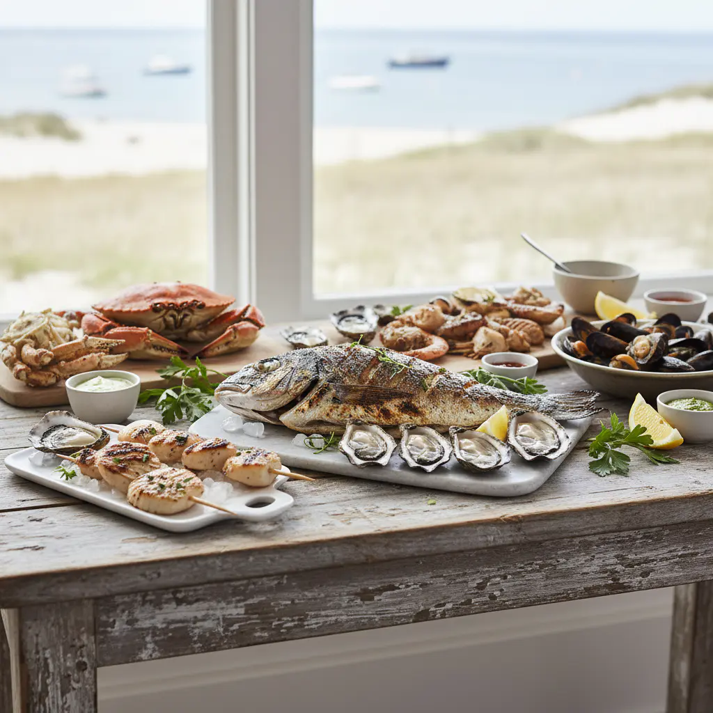 Fresh seafood on a rustic table